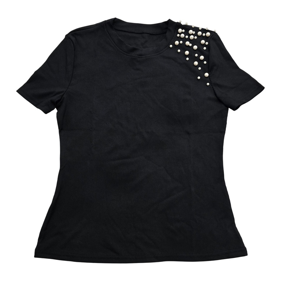 Black Ribbed Short Sleeve Top Pearl Embellished Shoulder Crew Neck Small